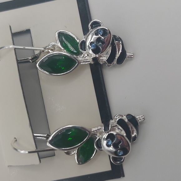 Napier Silver Tone Simulated Crystal Enamel Panda Earrings - Picture 10 of 14